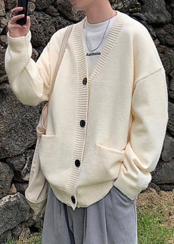 Casual Grey V Neck Button Knit Mens Cardigans Spring - Image 3