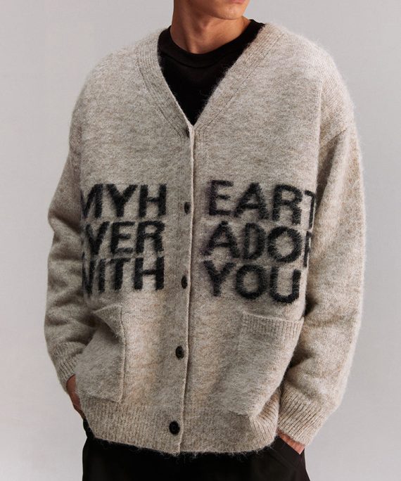 Casual Grey V Neck Letter Pockets Knit Mens Coat Spring