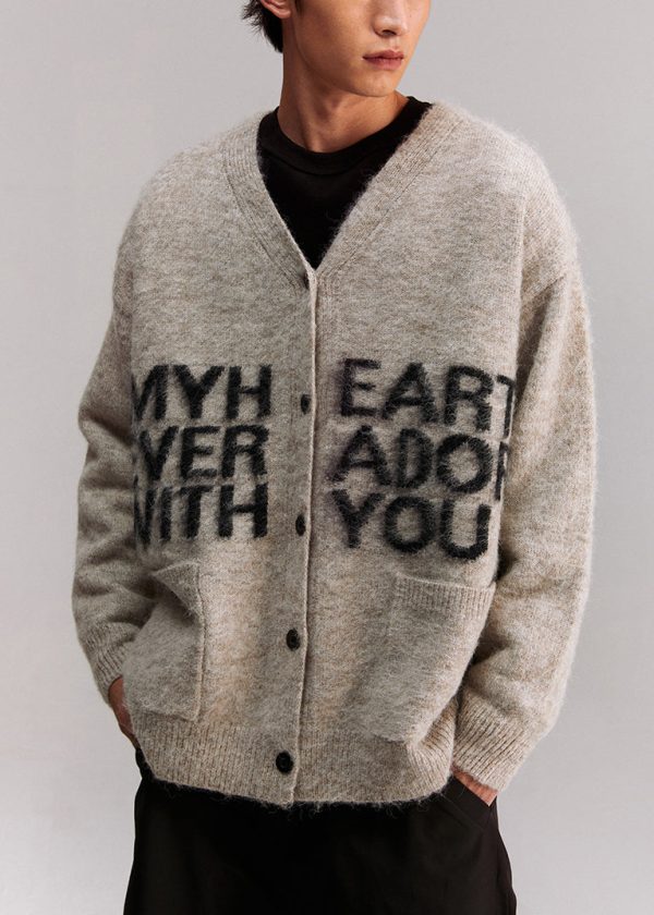 Casual Grey V Neck Letter Pockets Knit Mens Coat Spring