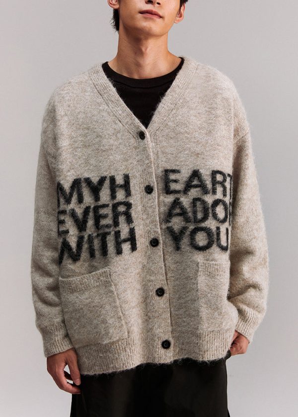 Casual Grey V Neck Letter Pockets Knit Mens Coat Spring - Image 2