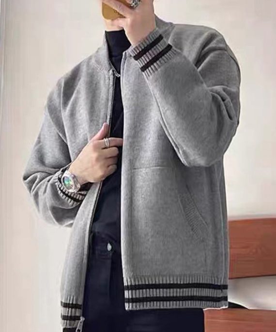Casual Grey Zip Up Striped Pockets Knit Men Coat Spring
