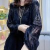 Casual Hollow Out Lace Shirt Black V Neck Spring