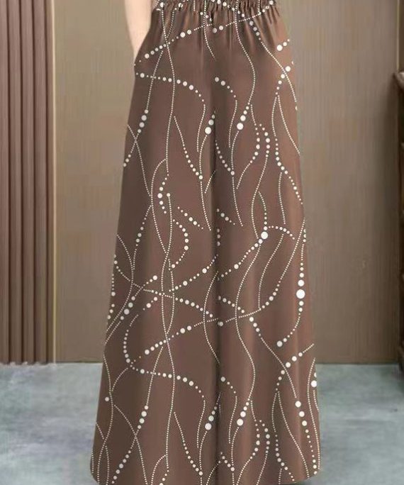 Casual Khaki Pockets Print Elastic Waist Ice Silk Pants Summer