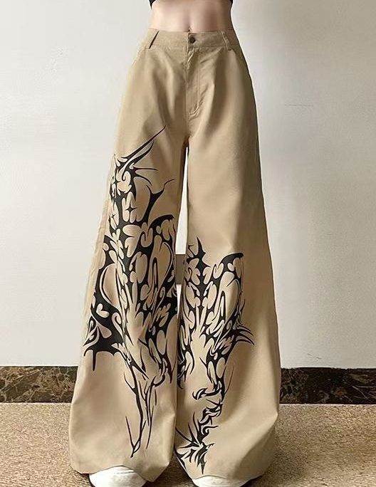 Casual Khaki Print High Waist Cotton Wide Leg Pants Summer