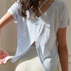 Casual Light Blue O-Neck Solid Short Sleeve Yoga Top