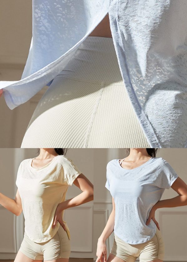 Casual Light Blue O-Neck Solid Short Sleeve Yoga Top - Image 5