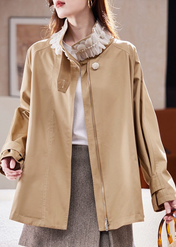 Casual Natural Khaki Stand Collar Nail Bead Patchwork Coat Spring - Image 3