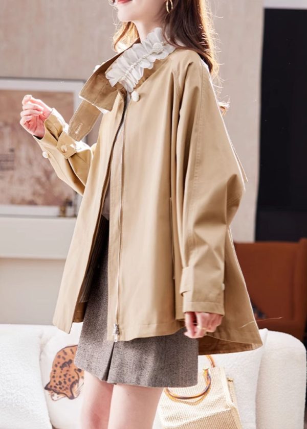 Casual Natural Khaki Stand Collar Nail Bead Patchwork Coat Spring - Image 4
