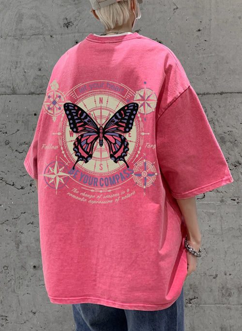 Casual Pink Butterfly Print Cotton Oversized T Shirt Men Half Sleeve