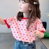 Casual Pink O Neck Print Cotton Kids Girls T Shirt Summer