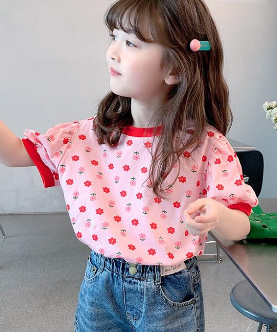 Casual Pink O Neck Print Cotton Kids Girls T Shirt Summer