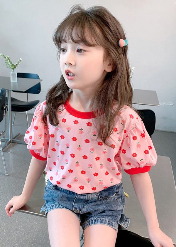 Casual Pink O Neck Print Cotton Kids Girls T Shirt Summer - Image 5