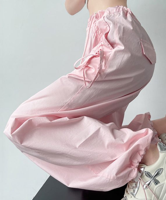 Casual Pink Pockets Drawstring High Waist Cotton Pants Spring