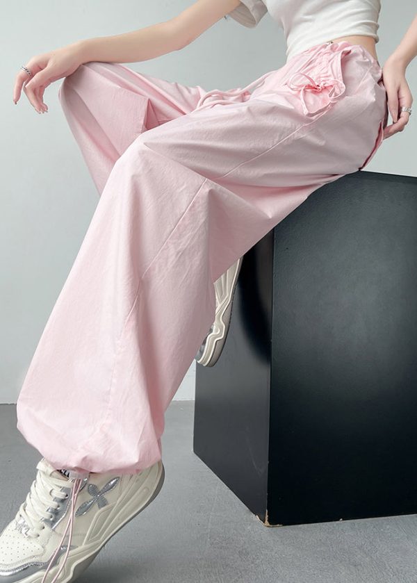 Casual Pink Pockets Drawstring High Waist Cotton Pants Spring - Image 4