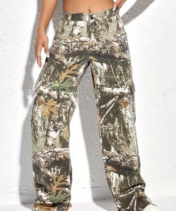 Casual Print Pockets High Waist Cotton Pants Spring