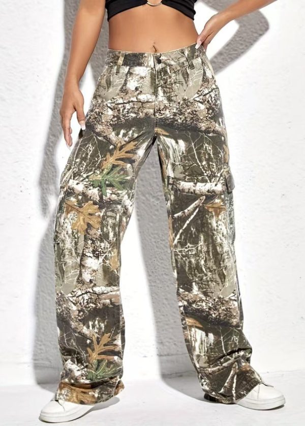 Casual Print Pockets High Waist Cotton Pants Spring
