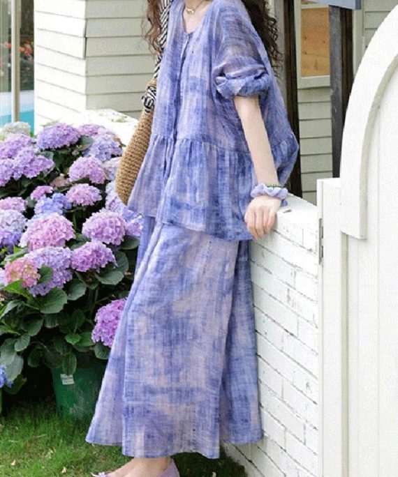 Casual Purple Tie Dye Cardigans And Spaghetti Strap Dress Two Pieces Set Spring
