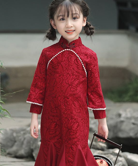 Casual Red Print Nail Bead Kids Maxi Fishtail Dress Spring