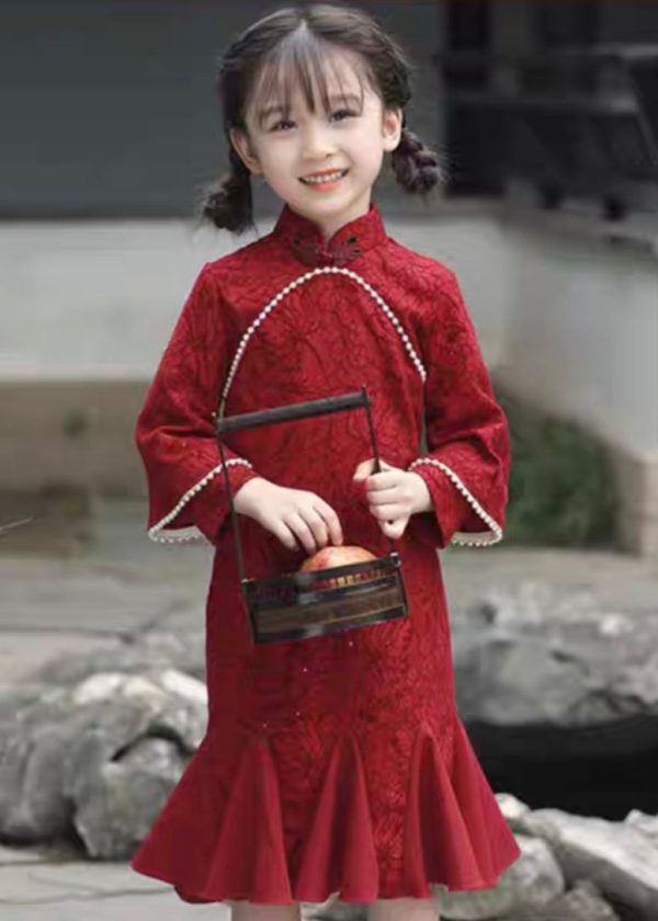 Casual Red Print Nail Bead Kids Maxi Fishtail Dress Spring - Image 3