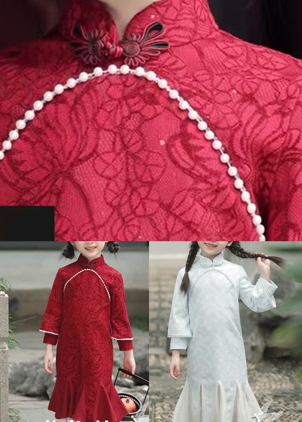 Casual Red Print Nail Bead Kids Maxi Fishtail Dress Spring - Image 5