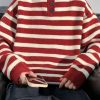 Casual Red Striped Button Knit Mens Sweaters Winter