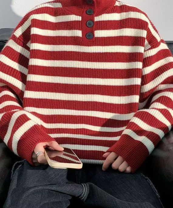 Casual Red Striped Button Knit Mens Sweaters Winter