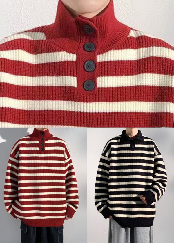 Casual Red Striped Button Knit Mens Sweaters Winter - Image 5