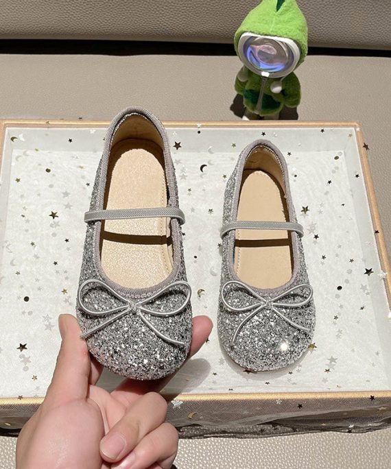 Casual Silvery Bow Girls Lace Up Flat Shoes