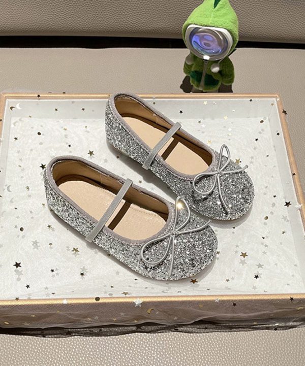 Casual Silvery Bow Girls Lace Up Flat Shoes - Image 3