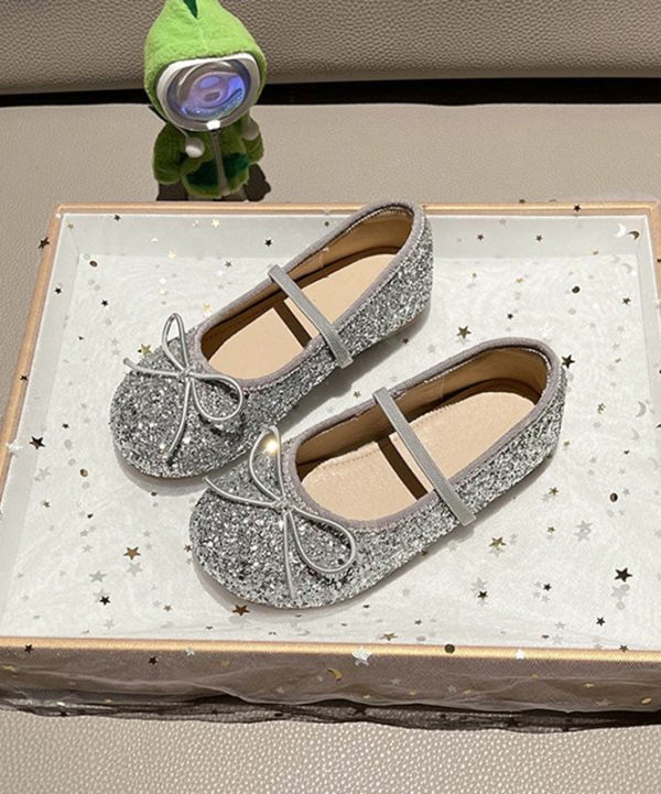 Casual Silvery Bow Girls Lace Up Flat Shoes - Image 5
