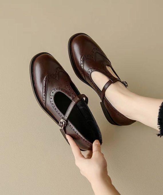 Casual Splicing Loafers For Women Brown Cowhide Leather