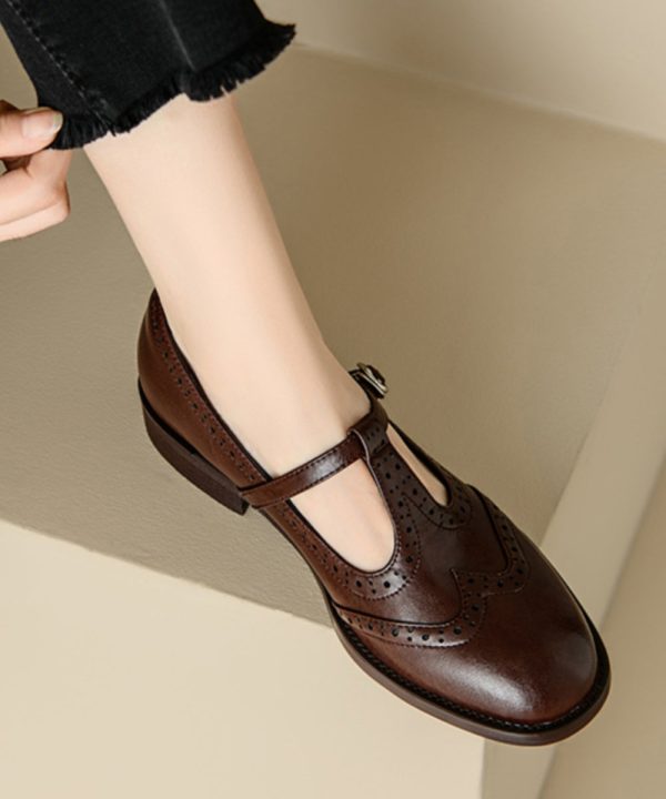Casual Splicing Loafers For Women Brown Cowhide Leather - Image 3