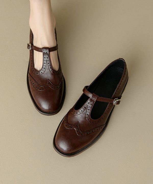 Casual Splicing Loafers For Women Brown Cowhide Leather - Image 5