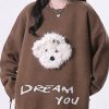 Casual Versatile Coffee O Neck Ripped Knit Sweater Tops Spring