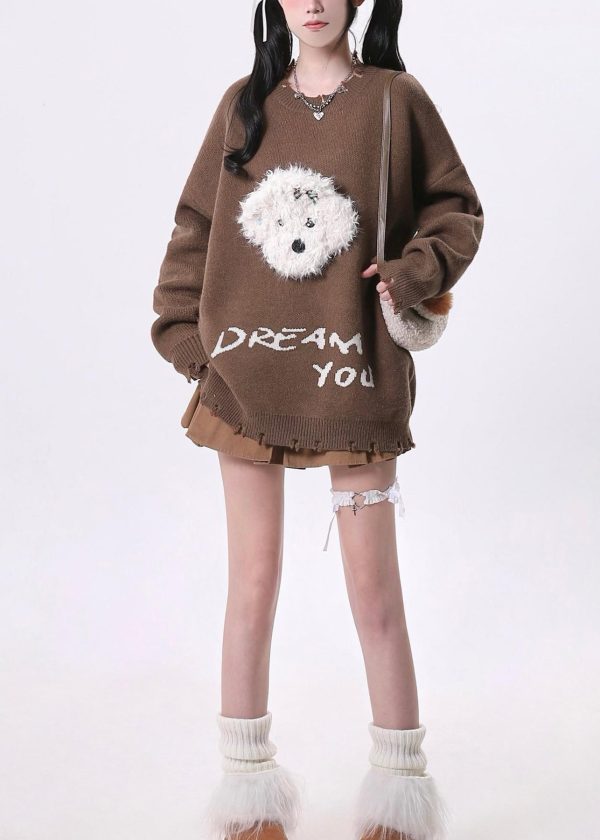 Casual Versatile Coffee O Neck Ripped Knit Sweater Tops Spring - Image 2