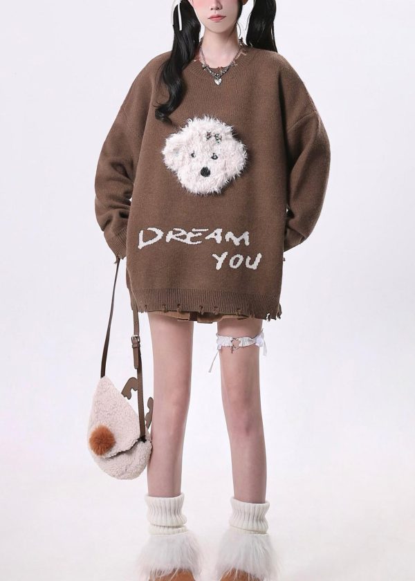Casual Versatile Coffee O Neck Ripped Knit Sweater Tops Spring - Image 3