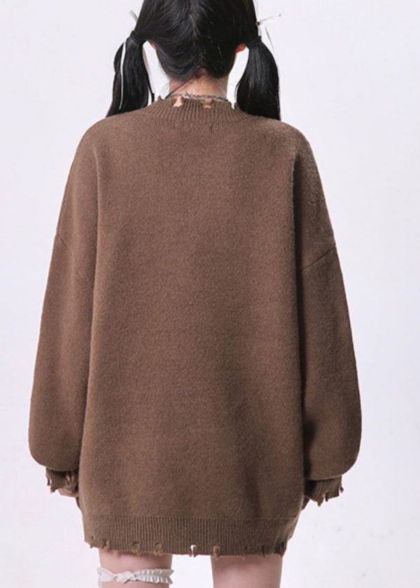 Casual Versatile Coffee O Neck Ripped Knit Sweater Tops Spring - Image 4