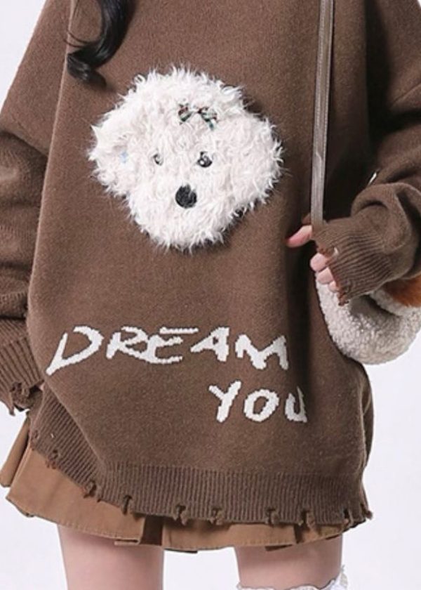 Casual Versatile Coffee O Neck Ripped Knit Sweater Tops Spring - Image 5