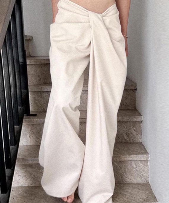 Casual White Asymmetrical Solid Wide Leg Pants Spring
