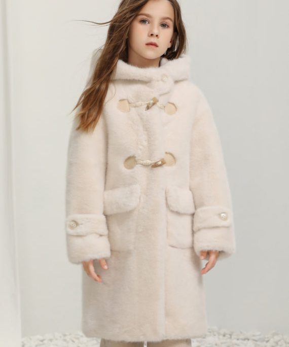 Casual White Button Kids Fuzzy Fur Hooded Maxi Coats Spring
