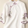 Casual White Embroideried Button Blouse Tops Half Sleeve