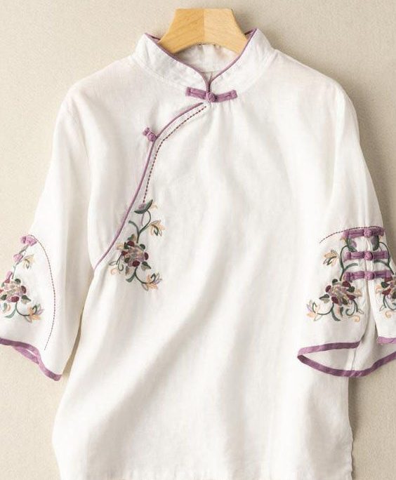 Casual White Embroideried Button Blouse Tops Half Sleeve