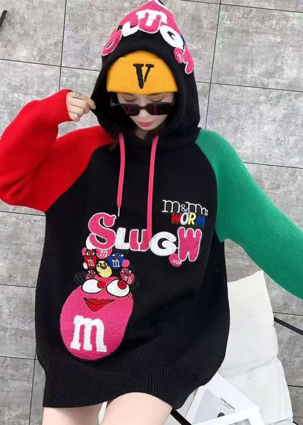 Casual White Hooded Cartoon Print Knit Top Spring - Image 4