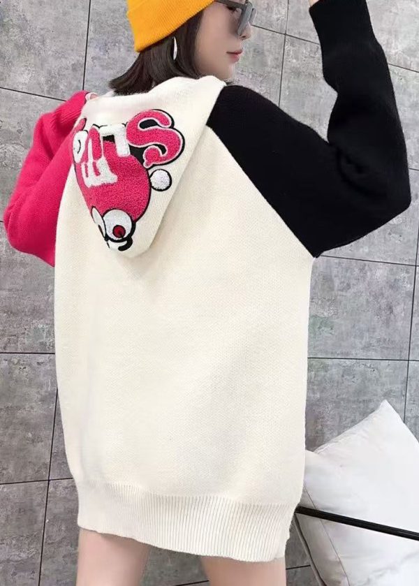 Casual White Hooded Cartoon Print Knit Top Spring - Image 5