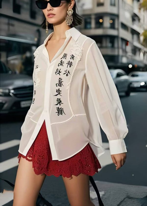 Casual White Patchwork Draping Chiffon Shirt Tops Spring - Image 3