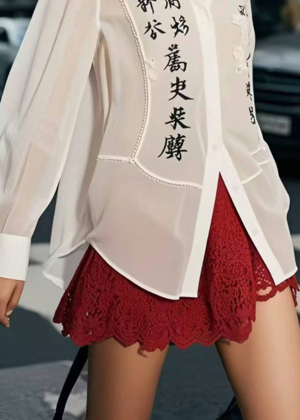 Casual White Patchwork Draping Chiffon Shirt Tops Spring - Image 4