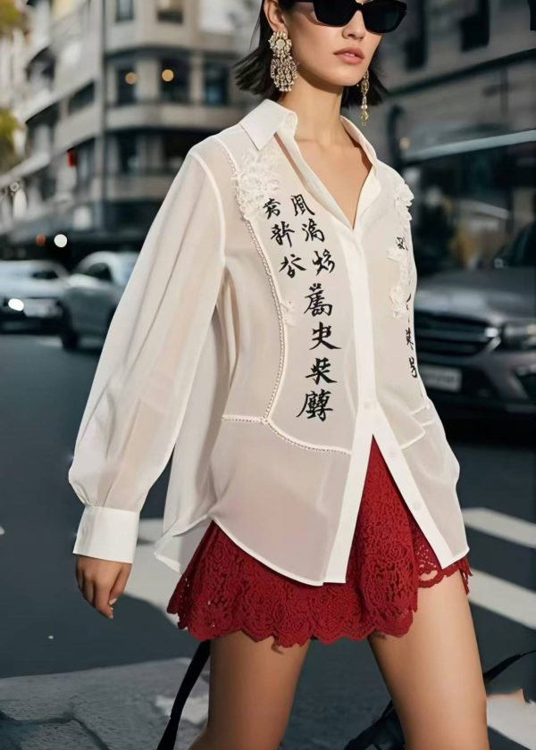 Casual White Patchwork Draping Chiffon Shirt Tops Spring - Image 5