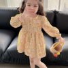 Casual Yellow O-Neck Print Girls Mid Dress Long Sleeve