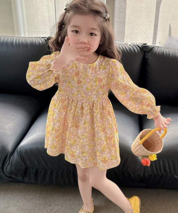 Casual Yellow O-Neck Print Girls Mid Dress Long Sleeve