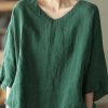 Casual Green O-Neck Embroideried Linen Top Long Sleeve